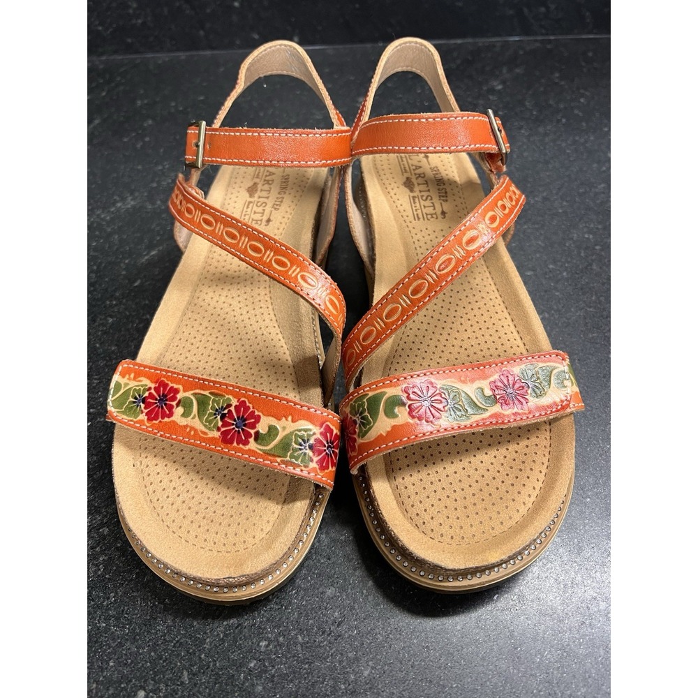 Spring Step Orange Floral Leather Sandals